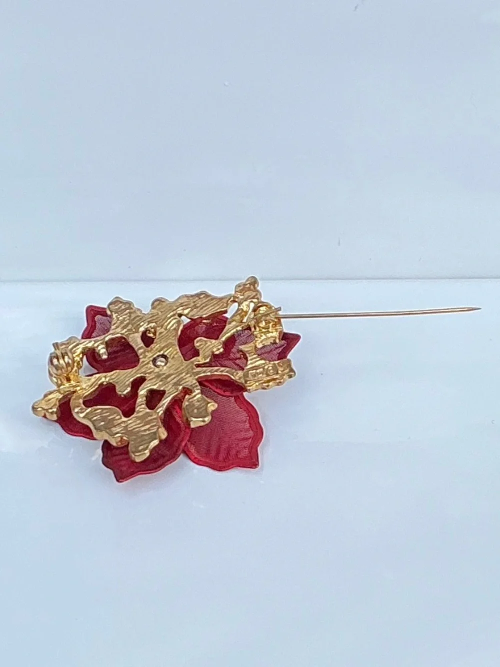 Vintage 1990s Kenneth Cole Signed Red Mesh Poinsettia Brooch Holiday Pin